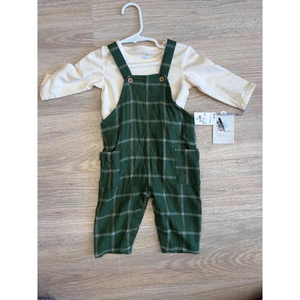 Cloud Island Baby Boys Green Plaid Overalls and L/S shirt Set 3-6M NWT